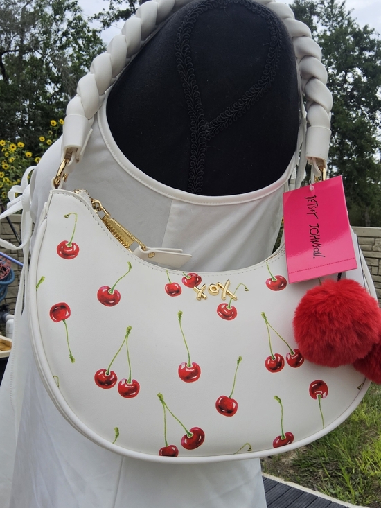 Betsey Johnson Handbags - Betsey Johnson White Cherry-Print Shoulder Bag with Pom Pom
